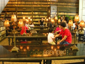 Eating on a library themed food court